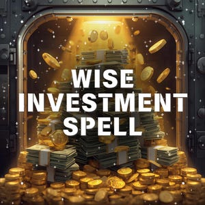 May include: An image featuring stacks of cash and gold coins, with the words "WISE INVESTMENT SPELL" in large white letters. The scene is set inside a metallic vault-like structure, with a bright light shining from above, and gold coins floating in the air.