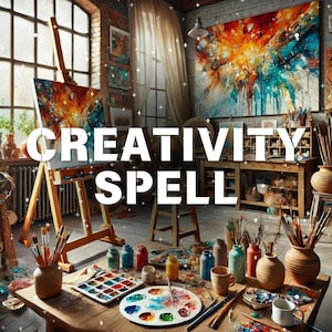 Puede incluir: Un estudio de arte colorido con un caballete, pinceles, tubos de pintura y una paleta. El texto "CREATIVITY SPELL" se muestra en el centro de la imagen.