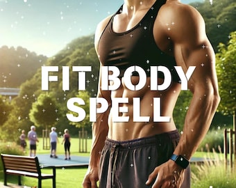 May include: A muscular man wearing a black tank top and gray shorts, standing in a park with a green lawn and trees in the background. The text "FIT BODY SPELL" is superimposed on the image.