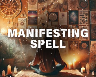 May include: An image with the text "MANIFESTING SPELL" in large white letters. The scene includes candles, crystals, and a person meditating on a rug. The background features various mystical posters and a wooden wall.