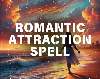 May include: A woman walks towards the ocean at sunset. The sky is a vibrant orange and pink with white clouds. The text "ROMANTIC ATTRACTION SPELL" is written in white letters on the image.