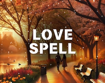 May include: A couple walks hand-in-hand down a path in a park with fall foliage. The text "LOVE SPELL" is superimposed on the image.