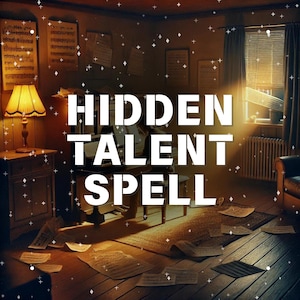 Könnte beinhalten: Ein Vintage-Klavier mit Notenblättern, die auf dem Boden eines schwach beleuchteten Raumes verstreut liegen. Der Text "HIDDEN TALENT SPELL" ist über das Bild gelegt.