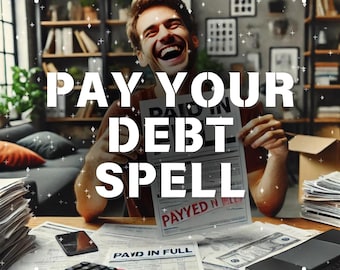 Op de afbeelding: Een man lacht terwijl hij een vel papier vasthoudt waarop "VOLLEDIG BETAALD" en "BETAAL JE SCHULDENSPELL" staat. Het papier wordt omringd door stapels papier en een rekenmachine.