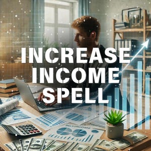 May include: A person working on a laptop computer with a graph showing an upward trend. The text "Increase Income Spell" is superimposed on the image.