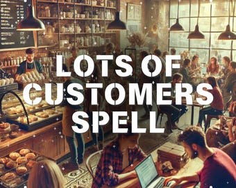 May include: A busy coffee shop with lots of customers, a counter with pastries, and a sign that says "Lots of Customers Spell"