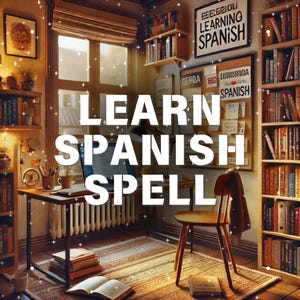 May include: A home office with a desk, chair, and bookshelf. The desk has a laptop, a notebook, and a pen. The bookshelf is filled with books. The wall has a sign that says "Learn Spanish".