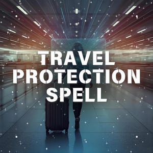 以下が含まれることがあります： 明るいトンネルの中を黒いスーツケースを持って歩く人。画像には「TRAVEL PROTECTION SPELL」という言葉が大きな白い文字で書かれており、旅行と保護をテーマにしていることを示唆しています。