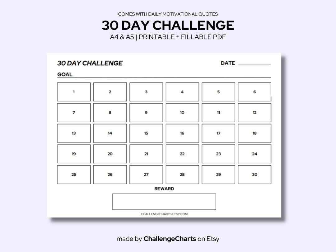 30 Day Challenge Printable Landscape, Goal Setting, Progress Tracker ...