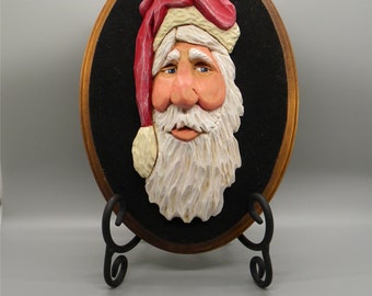 Large Carved Santa Face-Santa Christmas  Ornament-Carved  Santa Face on Plaque-Santa Head  Ornament-Santa Figurines