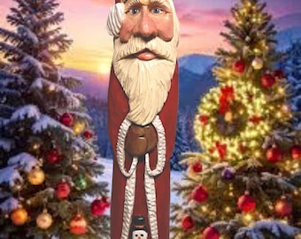 Hand Carved Tall Santa Ornament-Tall Santa-Folk Art Santa-Tall Christmas Santa with Bear-Carved Santa-Skinny Santa-Folk Art