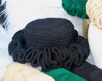 ALL BLACK FLOPPY RUFFLED BUCKET HAT Womens Large Ruffle Edged Floppy Brim Sinamay Sun Hat  main image 4