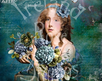 Belle en Bleu ~ Altered Art/Digital Graphics Greeting Card