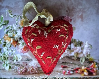 Embroidered Felt Heart in Cranberry ~ Made to order