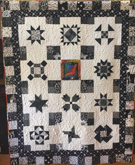 Stand Out in the Crowd, 53x69 inch black and white traditional sampler quilt