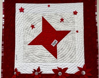 Follow Your Hopeful Star 21 X 25 inch hand quilted red and white quilt