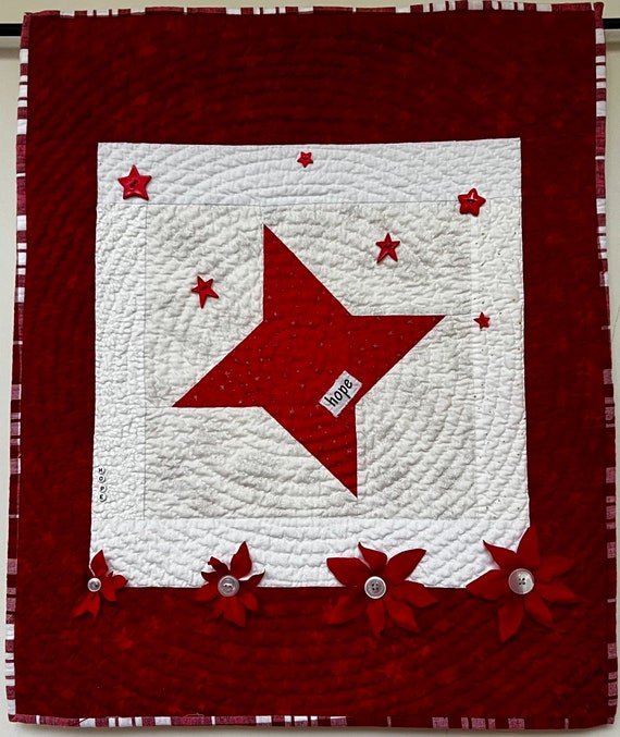 Follow Your Hopeful Star 21 X 25 inch hand quilted red and white quilt