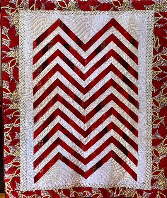 Take the First Step, 60 X 72 inch red and white geometric quilt