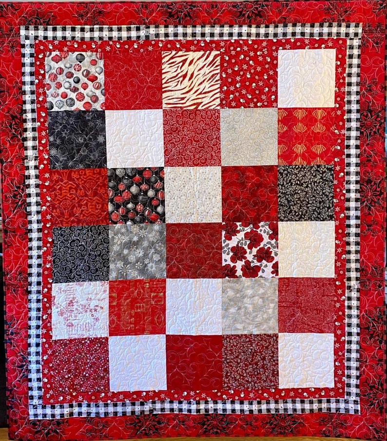 Snow Days are Snuggle Days are Snuggle Days, 62 X 71 inch red and white quilt image 1