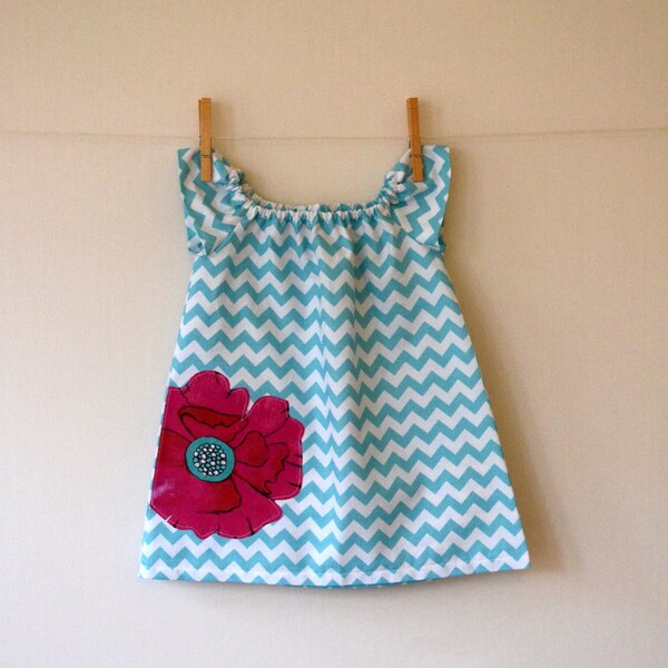 Peasant Dress . Tunic . Aqua Chevron . Poppy Applique . Modern