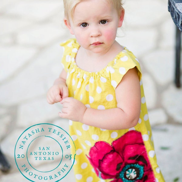 Girls Peasant Dress . Tunic . Yellow Dot . Poppy Applique