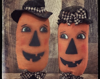Jack-O-Lantern Boy and Girl Folk Art Primitive Farmhouse