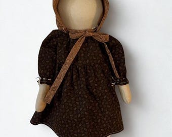 Primitive Farmhouse Folk Art Prairie Doll Brown Dress