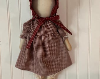 Primitive Farmhouse Folk Art Prairie Doll Burgundy Homespun Dress