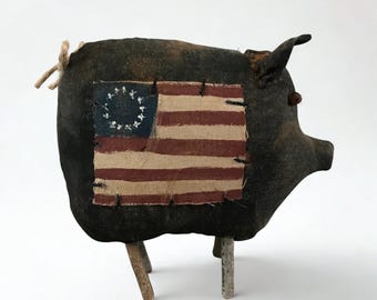 Primitive Folk Art Black Pig Shelf Sitter Americana