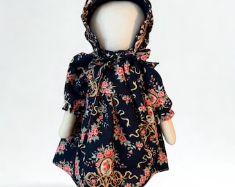 Primitive Farmhouse Folk Art Prairie Doll Navy Blue Floral Dress