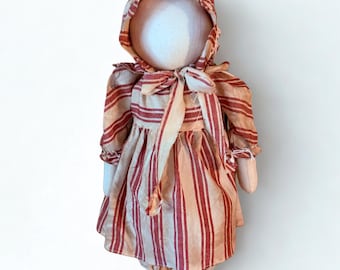 Primitive Farmhouse Folk Art Prairie Doll Barn Red Ticking Striped Dress
