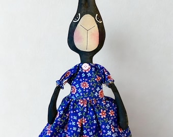 Primitive Folk Art Bunny Easter Rabbit Handmade Farmhouse Doll Floral Dress