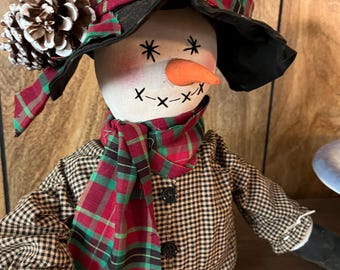 Handmade Rustic Snowman, Primitive Christmas Farmhouse Decor, 13" Fabric Doll