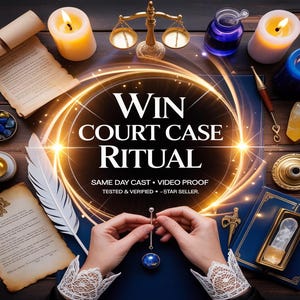 May include: An image featuring a ritual theme with the text "WIN COURT CASE RITUAL." The scene includes candles, a scale, a feather, scrolls, and a person holding a pendant. The image has a mystical and spiritual aesthetic.