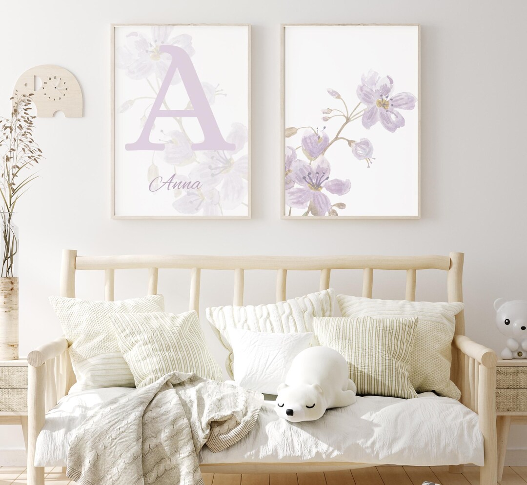 Custom Lavender Floral Set of 3 Nursery Wall Art, Baby Girl Purple ...