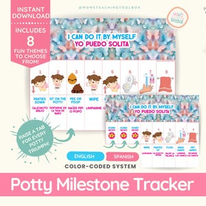 May include: A potty milestone tracker with the text "I Can Do It By Myself / Yo Puedo Solita." The chart includes 8 themes with color-coded steps in English and Spanish. The design features a pink and blue color scheme with butterfly and floral patterns.