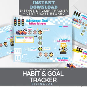 May include: A blue and pink printable chart with a race car theme. The chart is titled "Achievement Chart" and "Tablero de Logros" in English and Spanish. It features a 10-step progress tracker with a race car and a trophy at the finish line. The chart is designed for use as a habit or goal tracker.