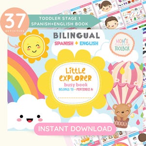 Busy book printable Spanish and English preschooler activities bilingual quiet book early childhood Montessori education fine motor skill