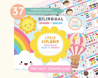 May include: A bilingual toddler activity book with 37 activities. The cover features a rainbow, a sun, a cloud, a hot air balloon, and a bear. The title of the book is "Little Explorer Busy Book" and the text "Belongs to - Pertenece a" is included. The book is for ages 1 and up.