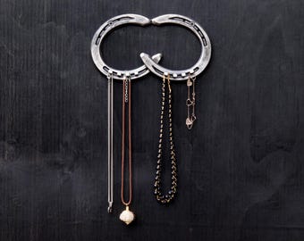 Necklace Jewelry Rack/Hanger Welded from Horseshoes with Horseshoe Nail Posts