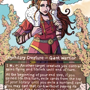 May include: A fantasy art card depicting "Bre of Clan Stoutarm," a Giant Warrior with red hair and a sheep. The card has a red and purple colour scheme with text detailing its abilities. The card is 4/4.