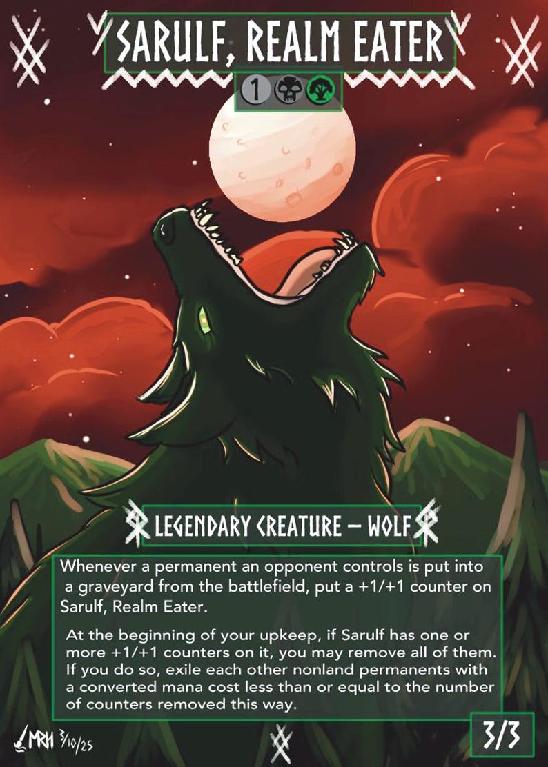 K&ouml;nnte beinhalten: Fantasiekarte mit einem gr&uuml;nen Wolf mit offenem Maul vor rotem Himmel und Vollmond. Die Karte lautet "SARULF, REALM EATER" und "LEGENDARY CREATURE - WOLF". Die Karte hat 3/3 St&auml;rke und Widerstandskraft.