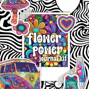 フラワーパワー - ジャーナルキット - フルページアート、エフェメラ、ジャーナリングペーパー、ジャーナリングカード、フォトフレーム、サイケデリック、カラフル、花