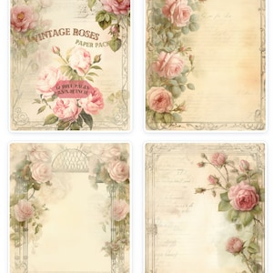 Vintage Roses - El paquete de papel incluye: 12 páginas completas de 8,5 x 11 pulgadas, rosas rosadas, jardín de rosas, hierro forjado, membrete, diario basura, álbum de recortes