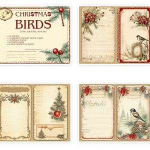 Pássaros de Natal - Mini kit de diário inclui: páginas inteiras e meias, etiquetas, cartões colecionáveis de arte, cartões postais e bolso de biblioteca com encarte