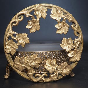 Vintage Gold Filigree Powder Jewelry Box Satin Glass Insert Gold Leaves Dresser Box
