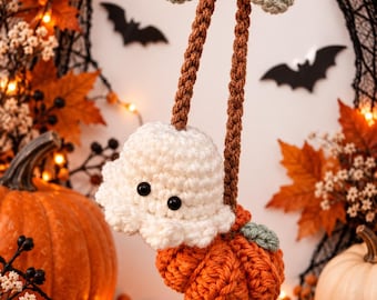 ghost and pumpkin crocheted car decor