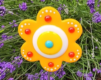Fused Glass Flower Plant Stake: Orange Button Flower