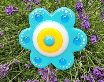 Glassworks Northwest - Turquoise Button Flower Plant Stake - Fused Glass Garden Art, Garden Art Outdoor, Outside Decoration, Rainbow