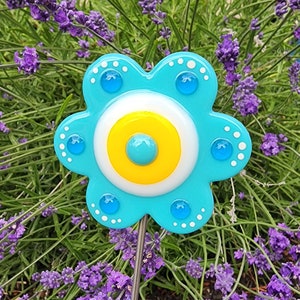 Glassworks Northwest - Turquoise Button Flower Plant Stake - Fused Glass Garden Art, Garden Art Outdoor, Outside Decoration, Rainbow